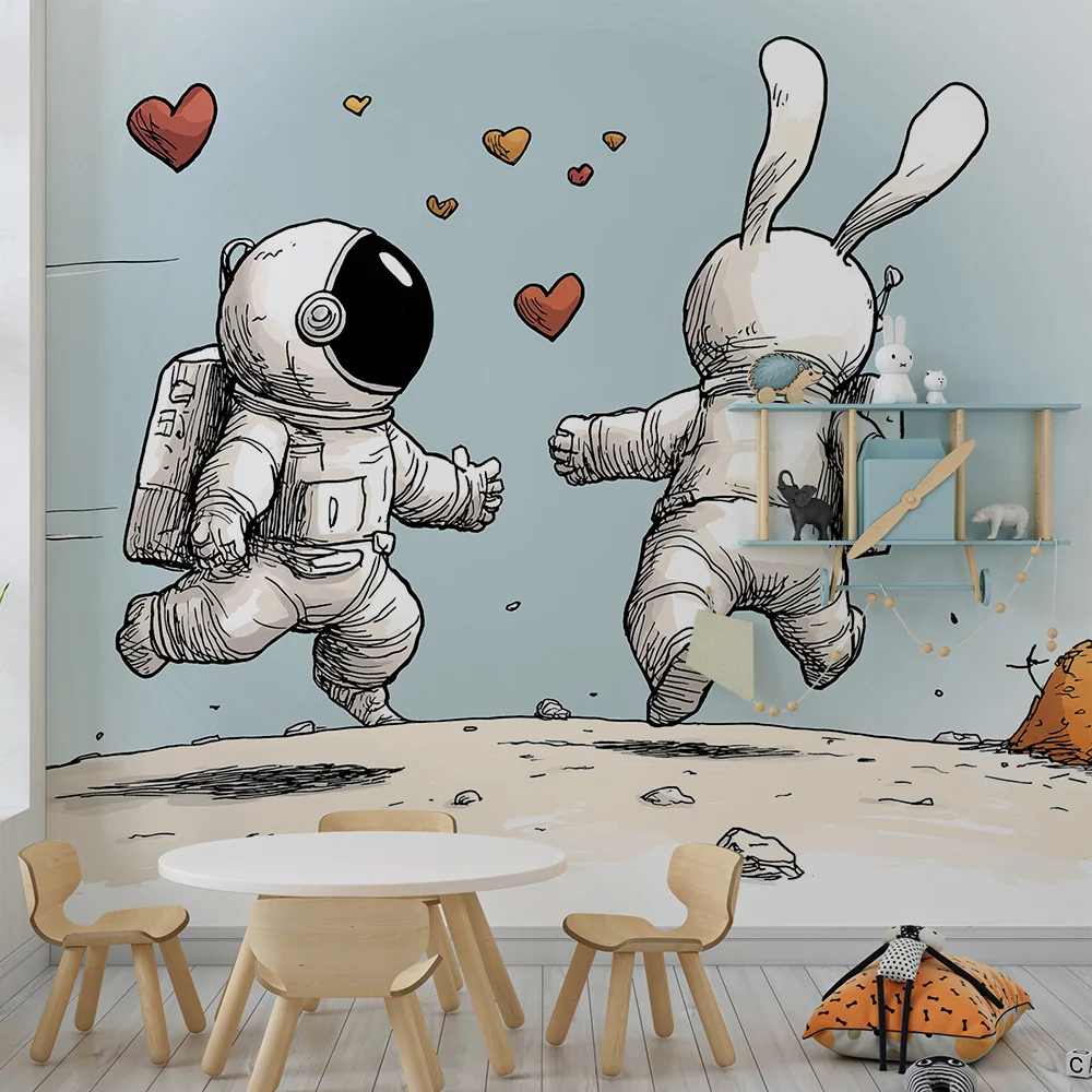 Papel de parede crianç | Astronautas e coelho apaixonado na lua