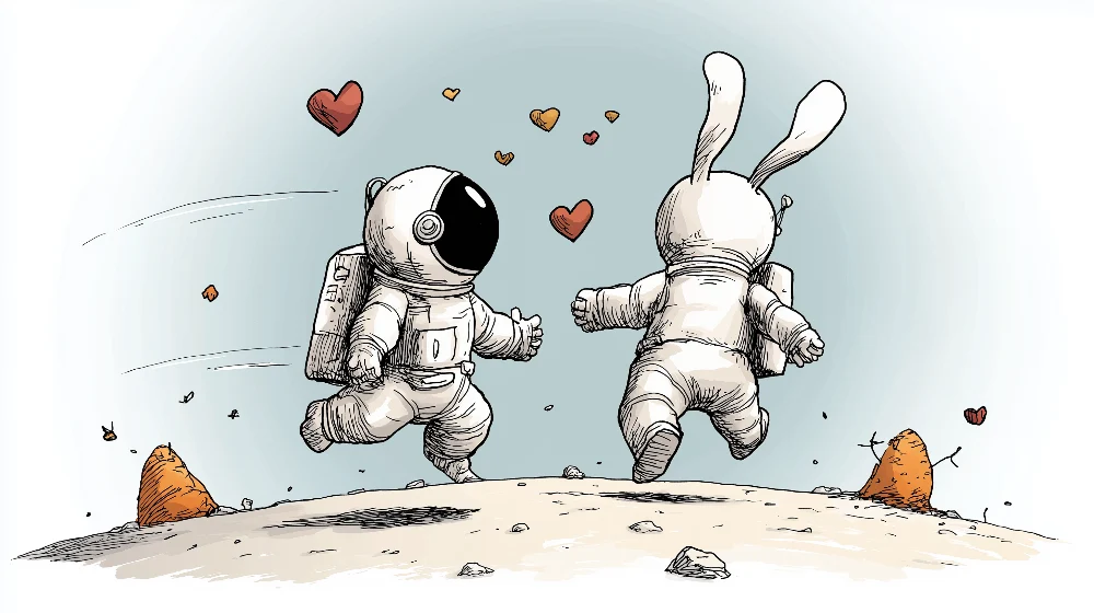 Papel de parede crianç | Astronautas e coelho apaixonado na lua