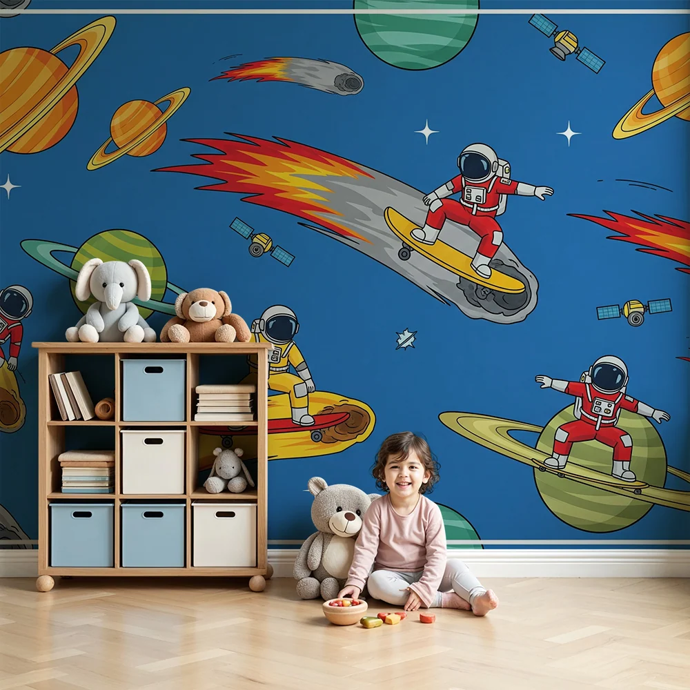 Papel de parede crianç | Astronautas em planetas e cometas em plena aventura espacial