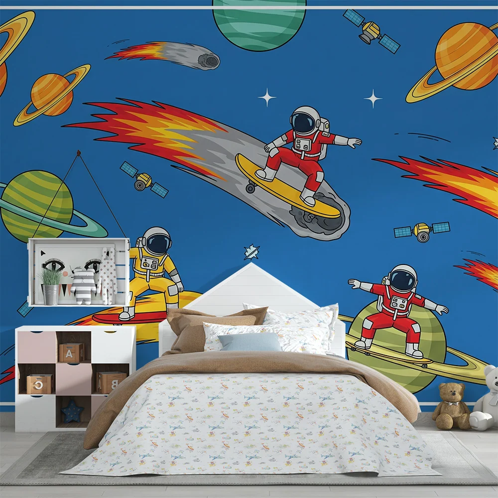Papel de parede crianç | Astronautas em planetas e cometas em plena aventura espacial