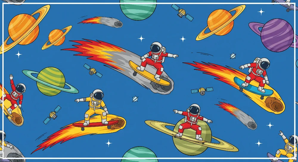 Papel de parede crianç | Astronautas em planetas e cometas em plena aventura espacial