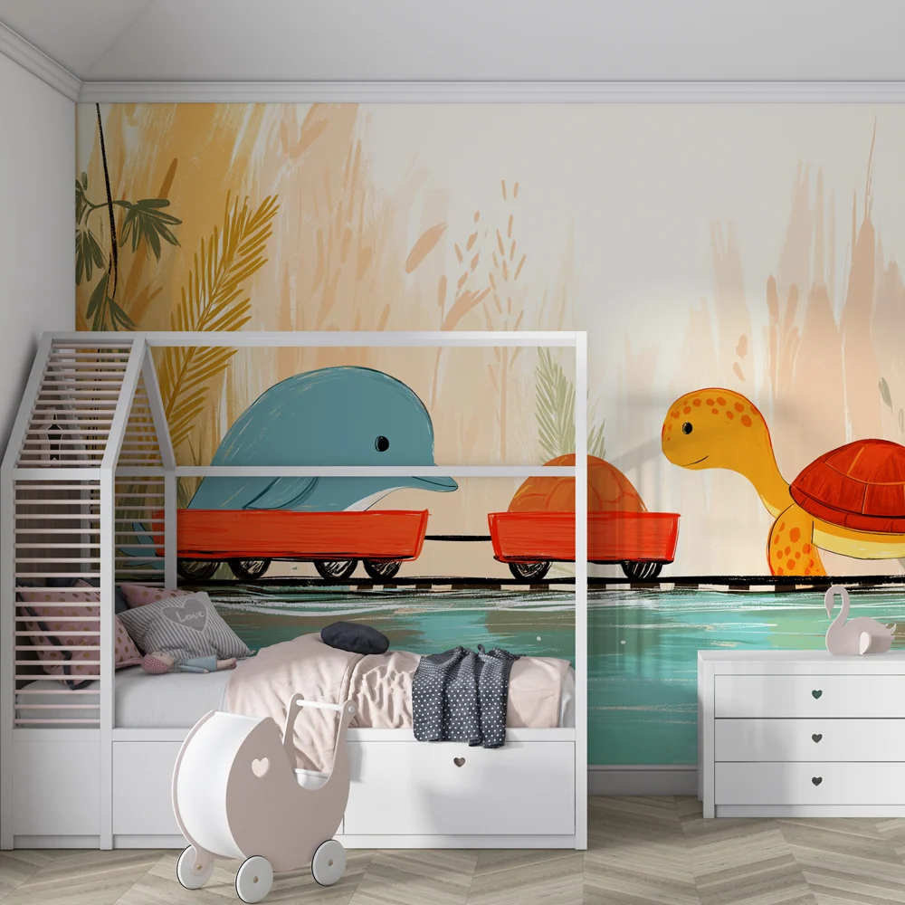 Papel de parede crianç | Aventura animal com golfinho e tartaruga