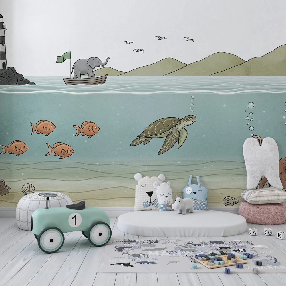 Papel de parede crianç | Aventura aquática com elefante e animais marinhos