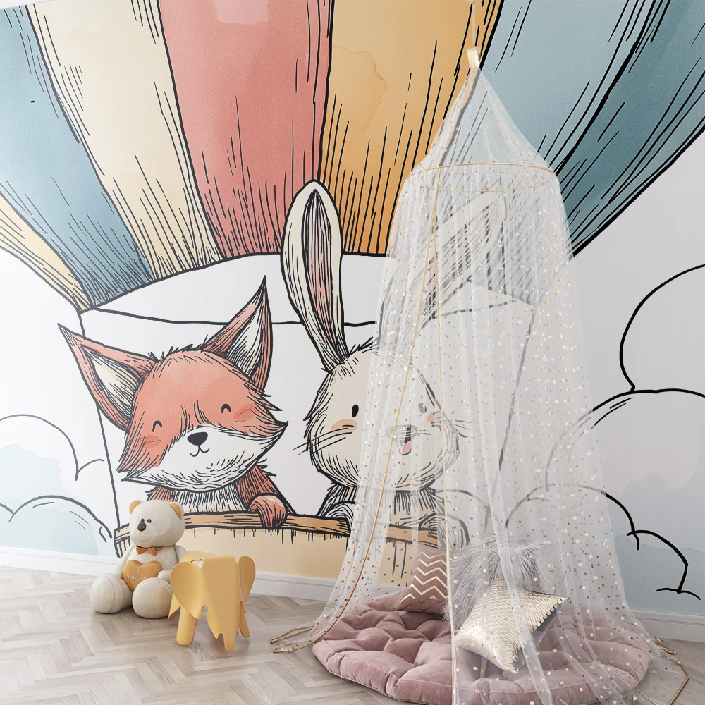 Papel de parede crianç | Aventura de balão de ar quente com um raposa e um coelho