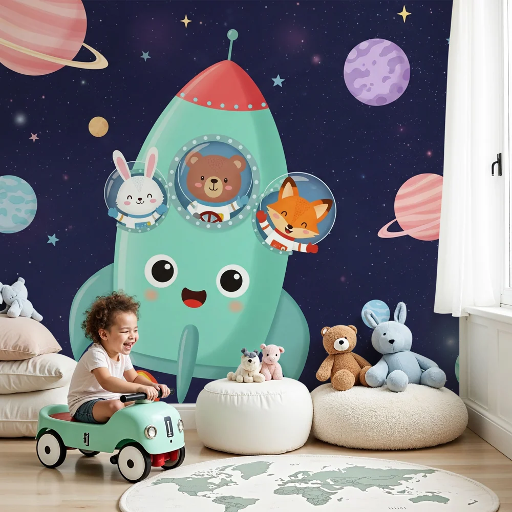 Papel de parede crianç | Aventura espacial com animais fofos