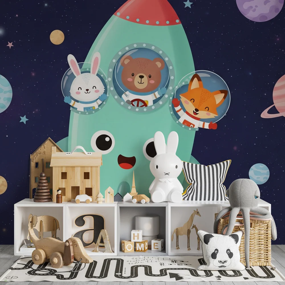 Papel de parede crianç | Aventura espacial com animais fofos