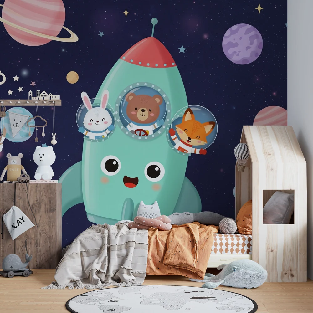 Papel de parede crianç | Aventura espacial com animais fofos