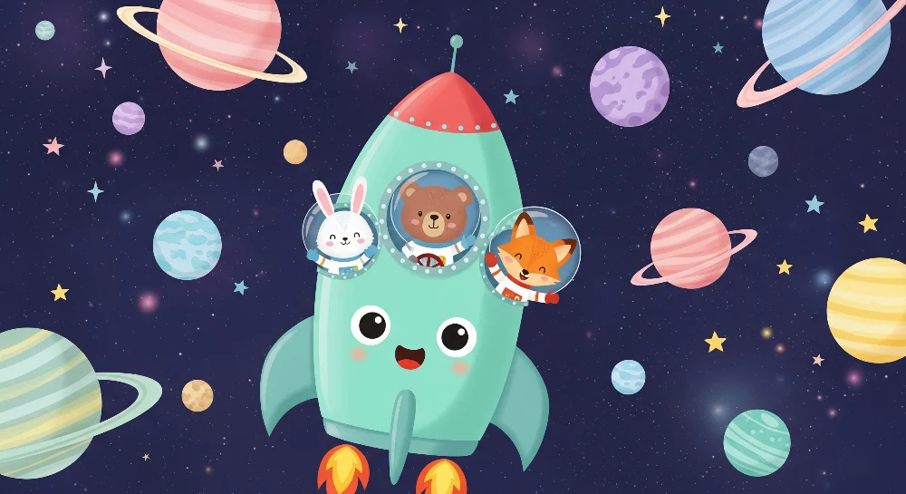Papel de parede crianç | Aventura espacial com animais fofos