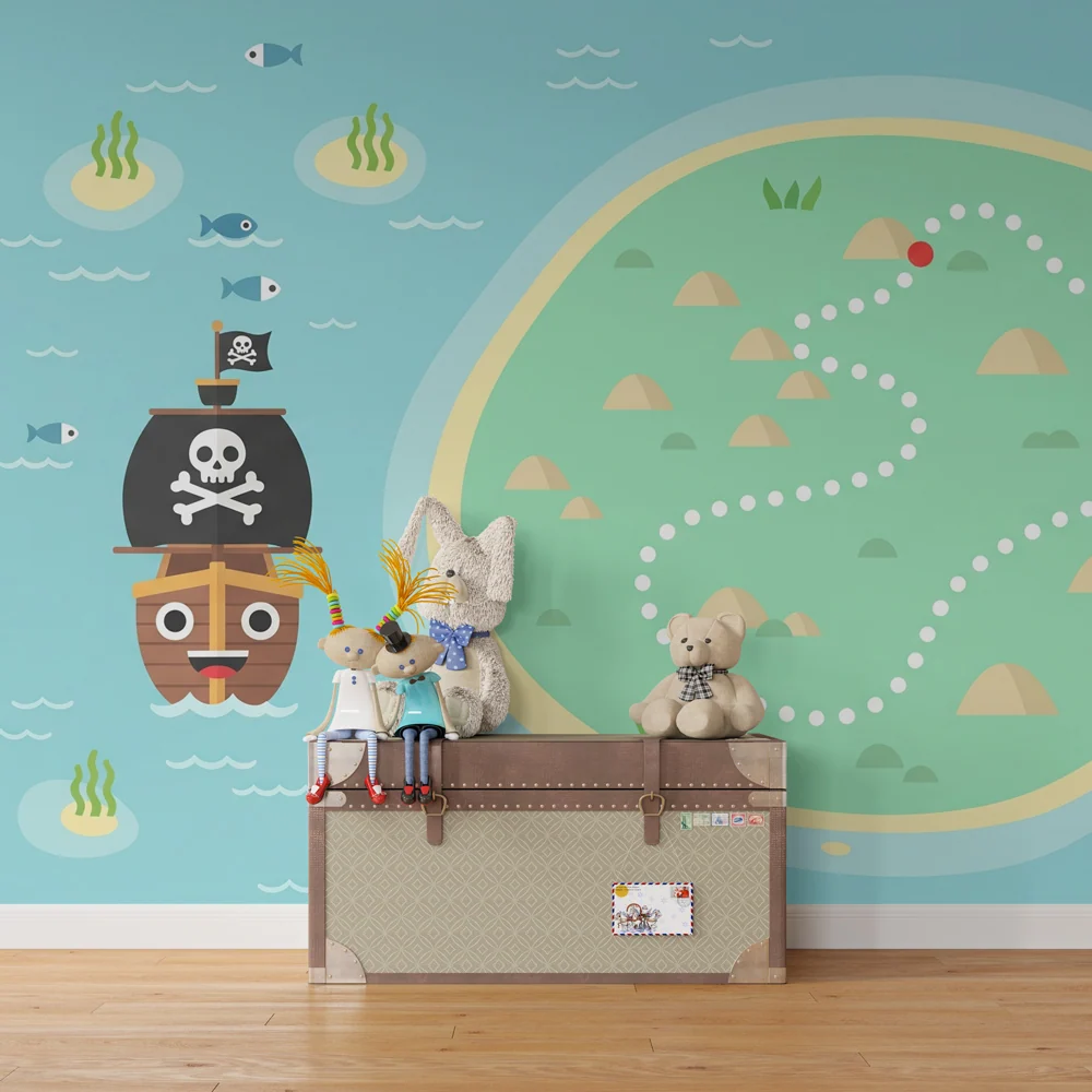 Papel de parede crianç | Aventura de piratas num mapa do tesouro