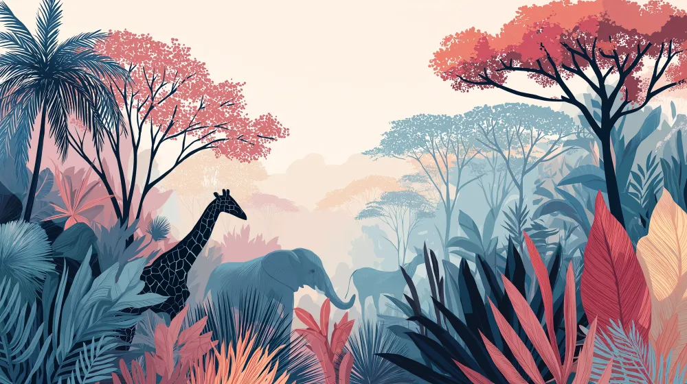 Papel de parede crianç | Aventura na selva com elefantes e girafas