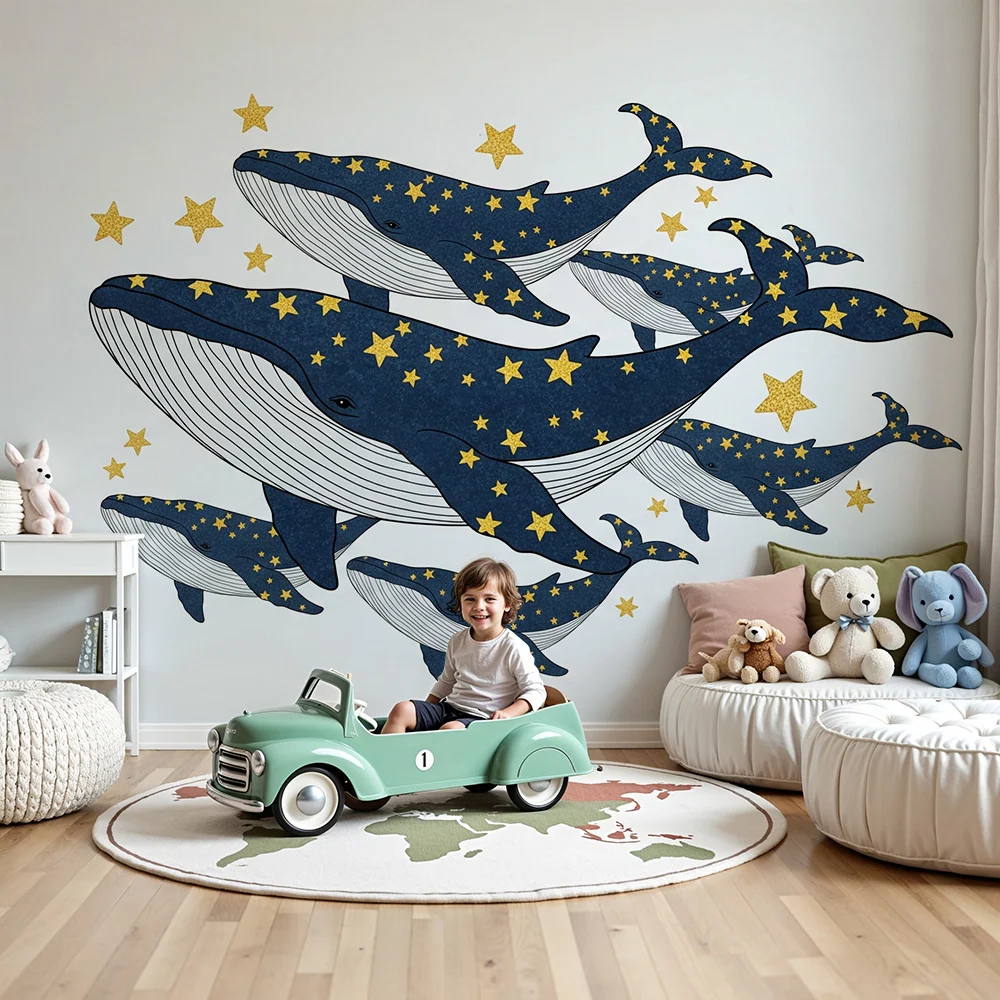 Papel de parede crianç | Baleias estreladas nadando no universo