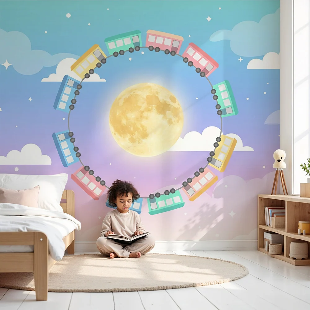 Papel de parede crianç | Balões de ar coloridos sob lua