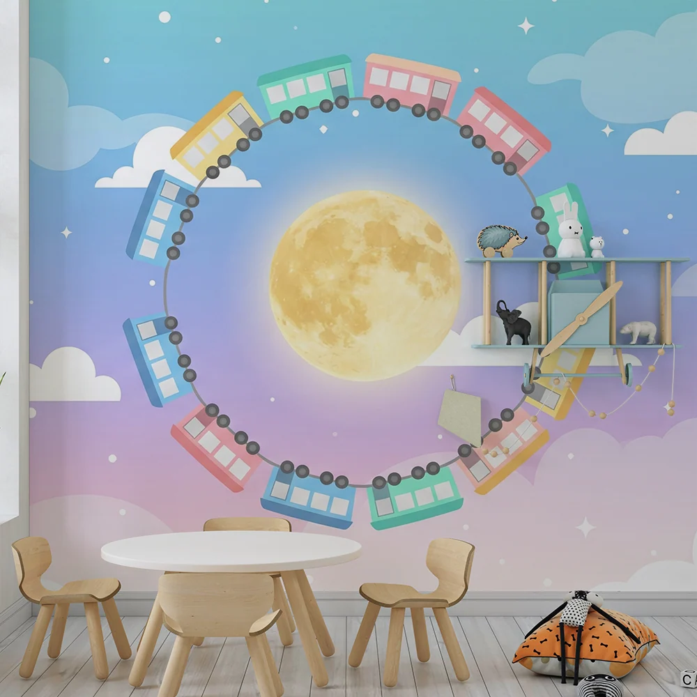 Papel de parede crianç | Balões de ar coloridos sob lua