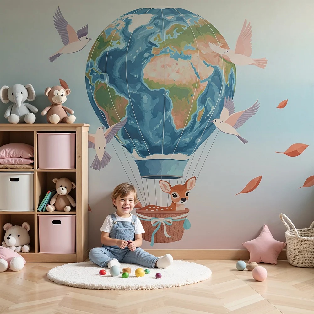 Papel de parede crianç | Balão de ar quente colorido com um filhote e pássaros voando