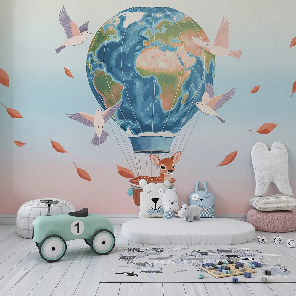 Papel de parede crianç | Balão de ar quente colorido com um filhote e pássaros voando