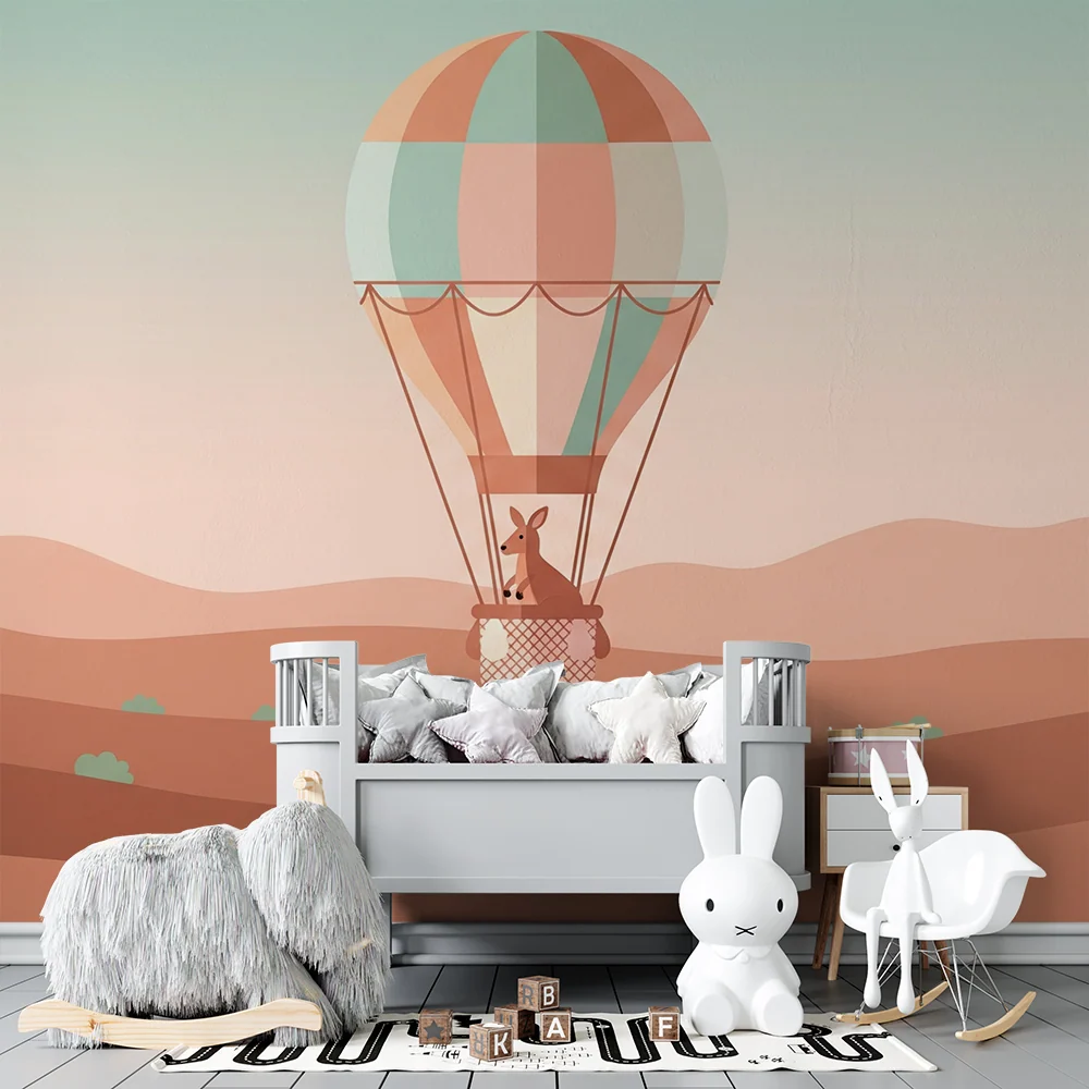 Papel de parede crianç | Balão de ar quente colorido com um canguru em uma paisagem desértica