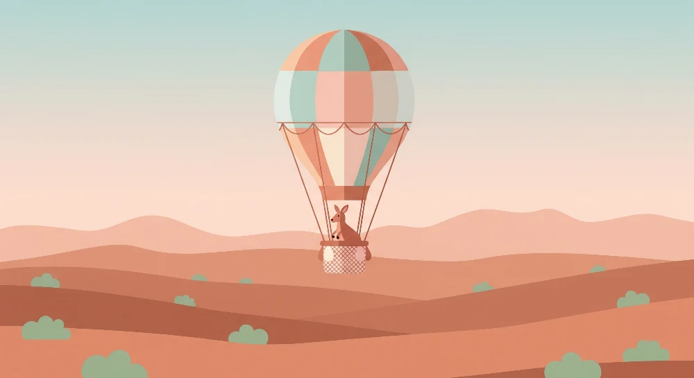 Papel de parede crianç | Balão de ar quente colorido com um canguru em uma paisagem desértica