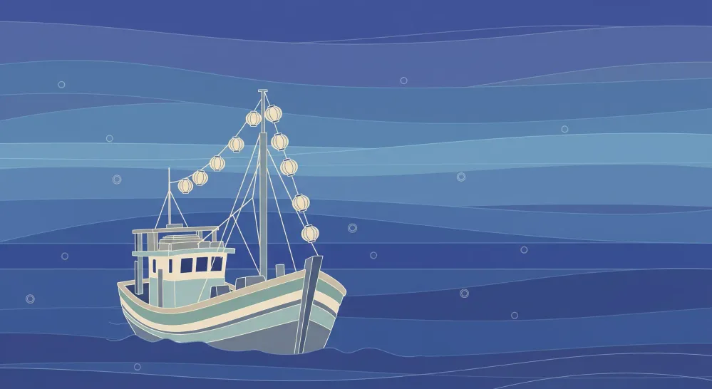 Papel de parede crianç | Barco de pesca em fundo marinho azul