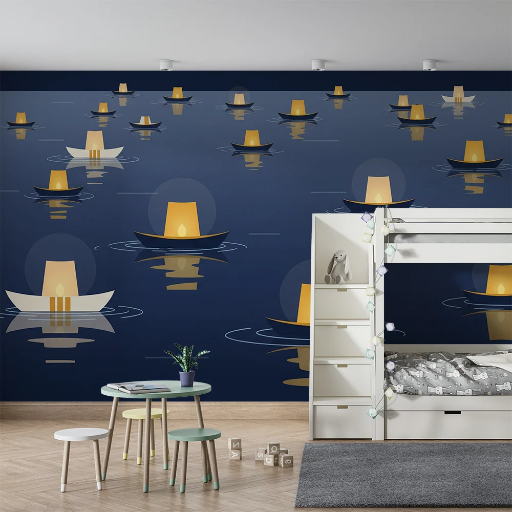 Papel de parede crianç | Barcos luminosos flutuando num lago noturno
