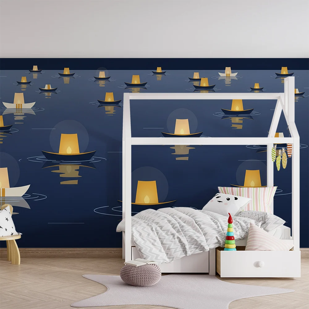 Papel de parede crianç | Barcos luminosos flutuando num lago noturno