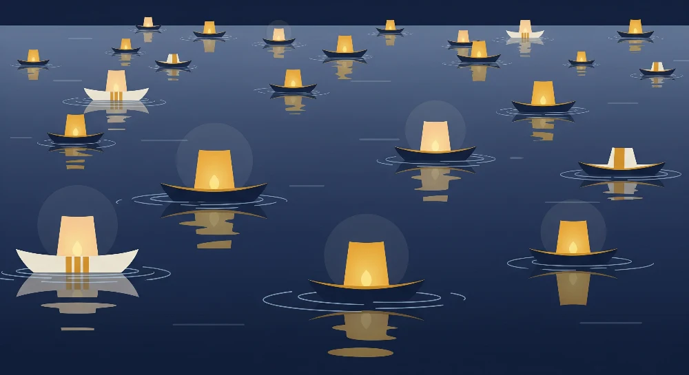 Papel de parede crianç | Barcos luminosos flutuando num lago noturno