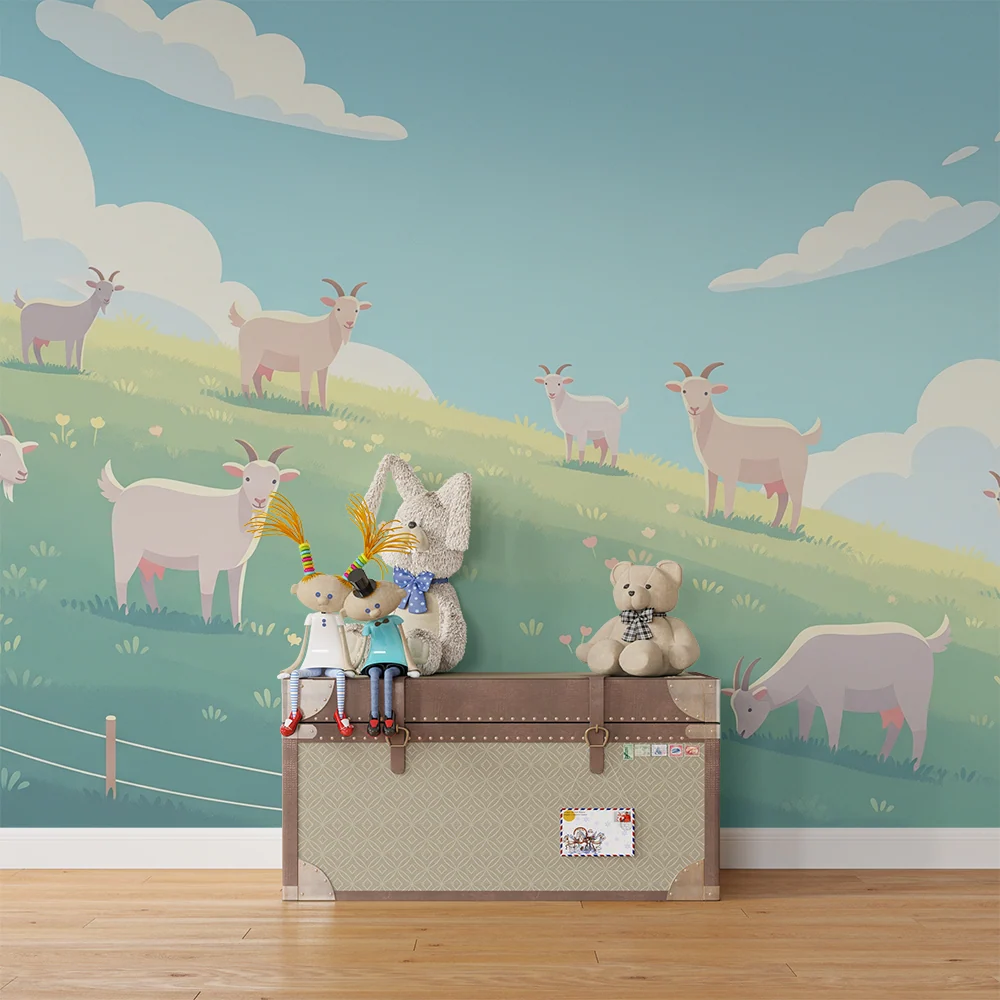 Papel de parede crianç | Cabras felizes numa colina verdejante