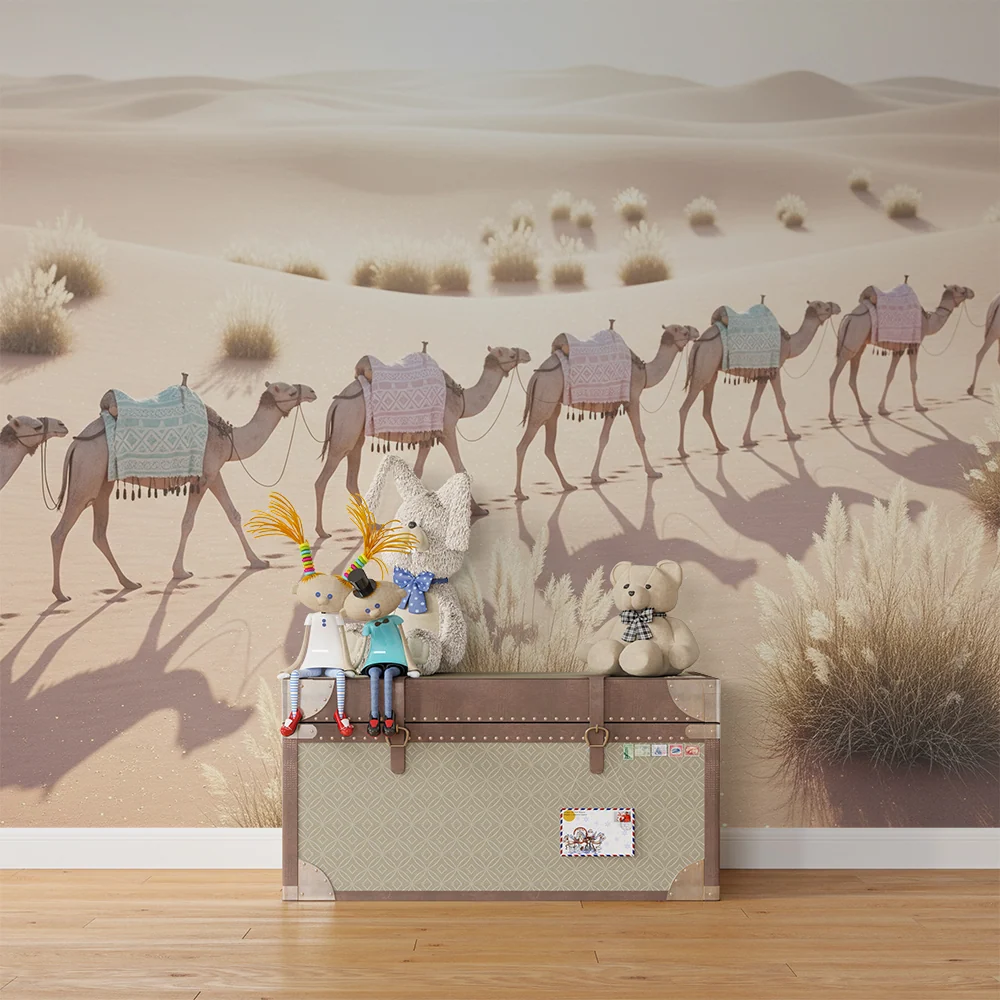 Papel de parede crianç | Camelos coloridos no deserto dourado