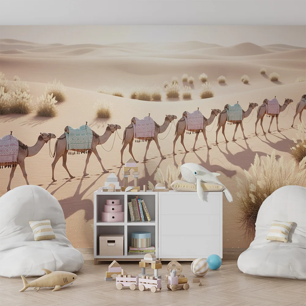 Papel de parede crianç | Camelos coloridos no deserto dourado