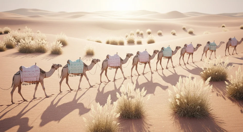 Papel de parede crianç | Camelos coloridos no deserto dourado