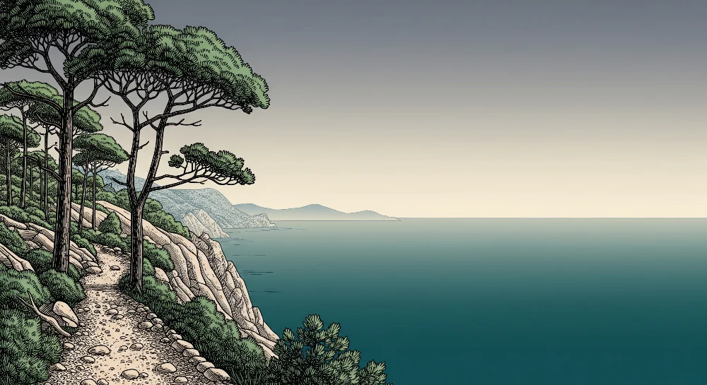 Papel de parede crianç | Caminho costeiro e mar tranquilo sob um céu suave