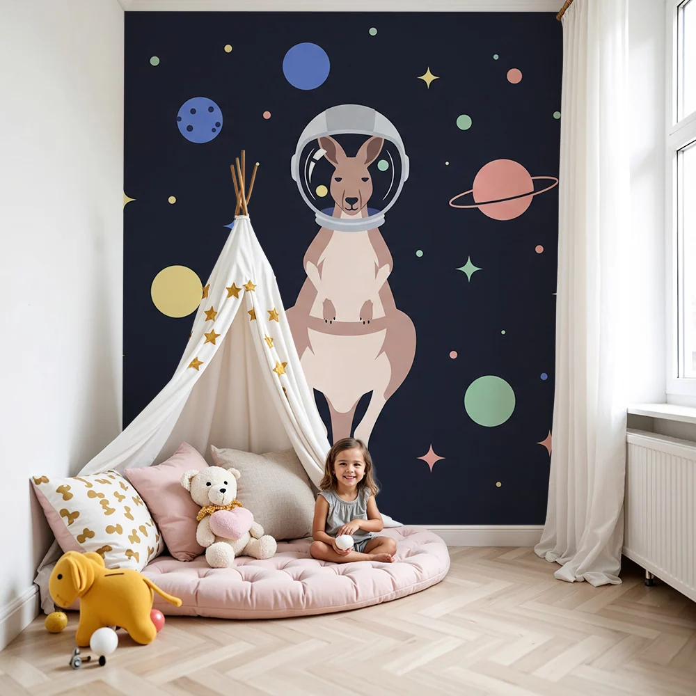 Papel de parede crianç | Canguru astronauta em um universo espacial colorido