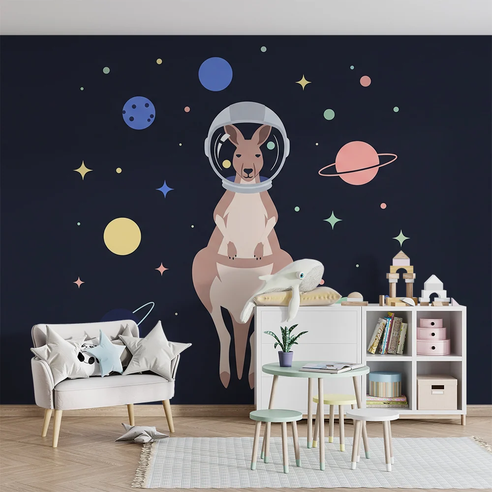 Papel de parede crianç | Canguru astronauta em um universo espacial colorido