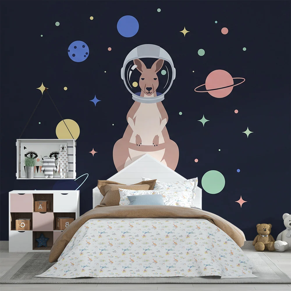 Papel de parede crianç | Canguru astronauta em um universo espacial colorido