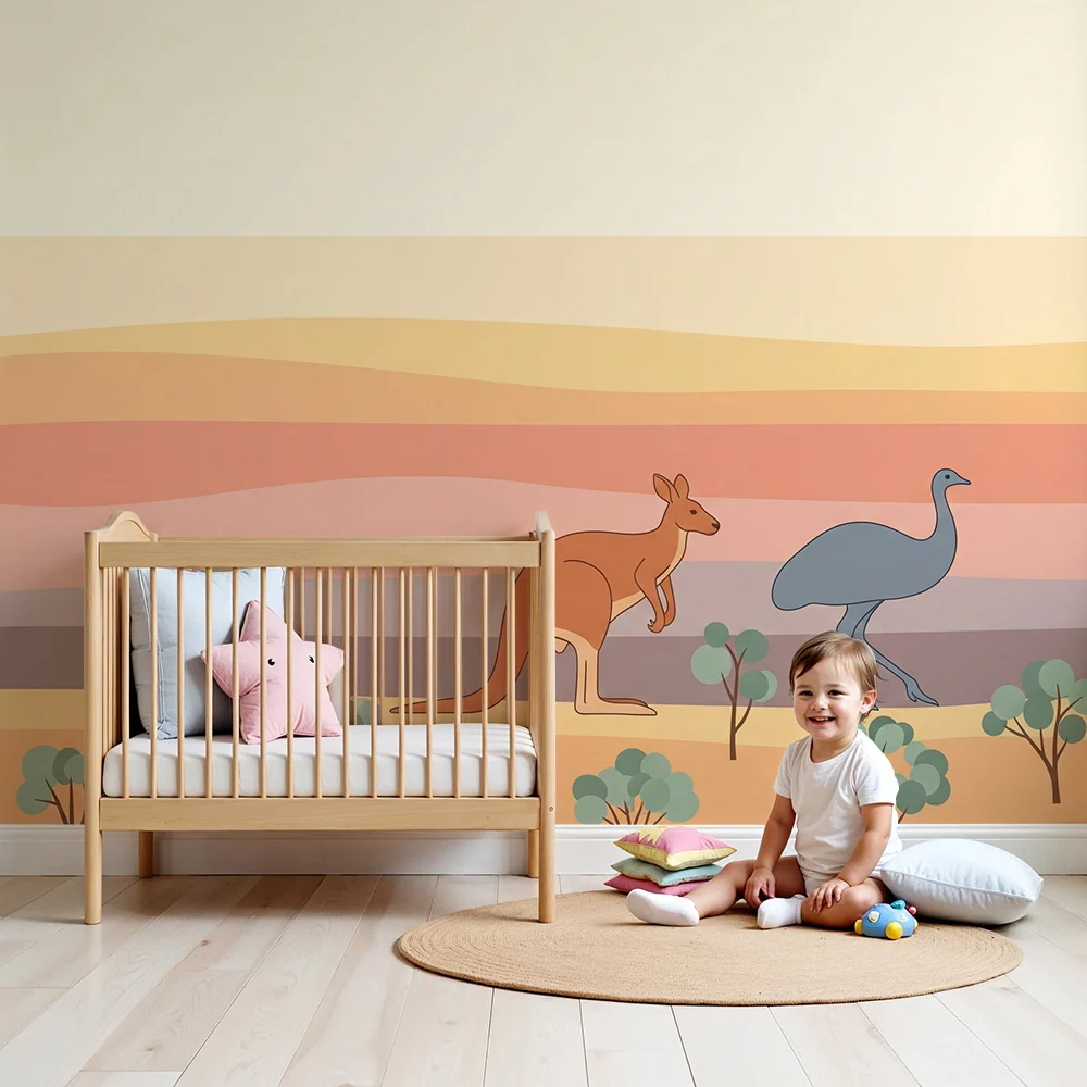 Papel de parede crianç | Canguru e ema em uma paisagem australiana em tons pastel