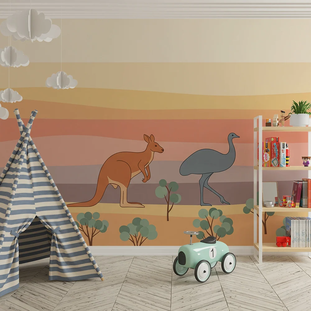 Papel de parede crianç | Canguru e ema em uma paisagem australiana em tons pastel