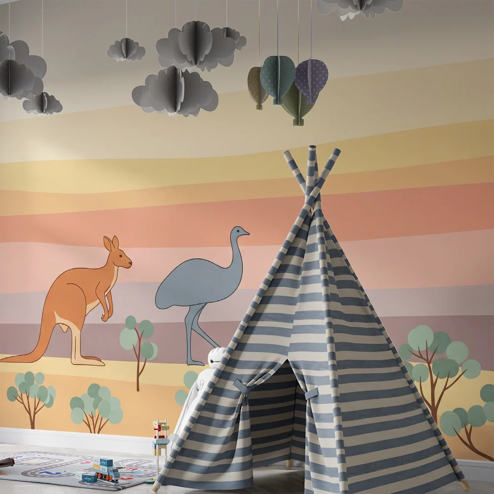 Papel de parede crianç | Canguru e ema em uma paisagem australiana em tons pastel