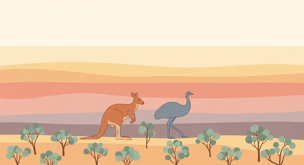 Papel de parede crianç | Canguru e ema em uma paisagem australiana em tons pastel