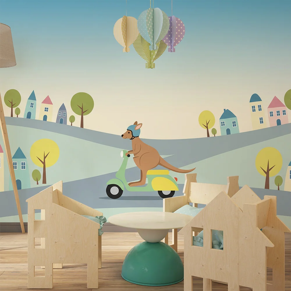 Papel de parede crianç | Canguru em um scooter em uma paisagem colorida