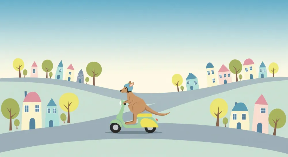 Papel de parede crianç | Canguru em um scooter em uma paisagem colorida