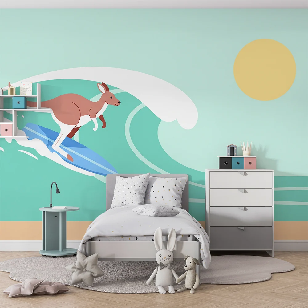 Papel de parede crianç | Canguru surfista nas ondas ensolaradas
