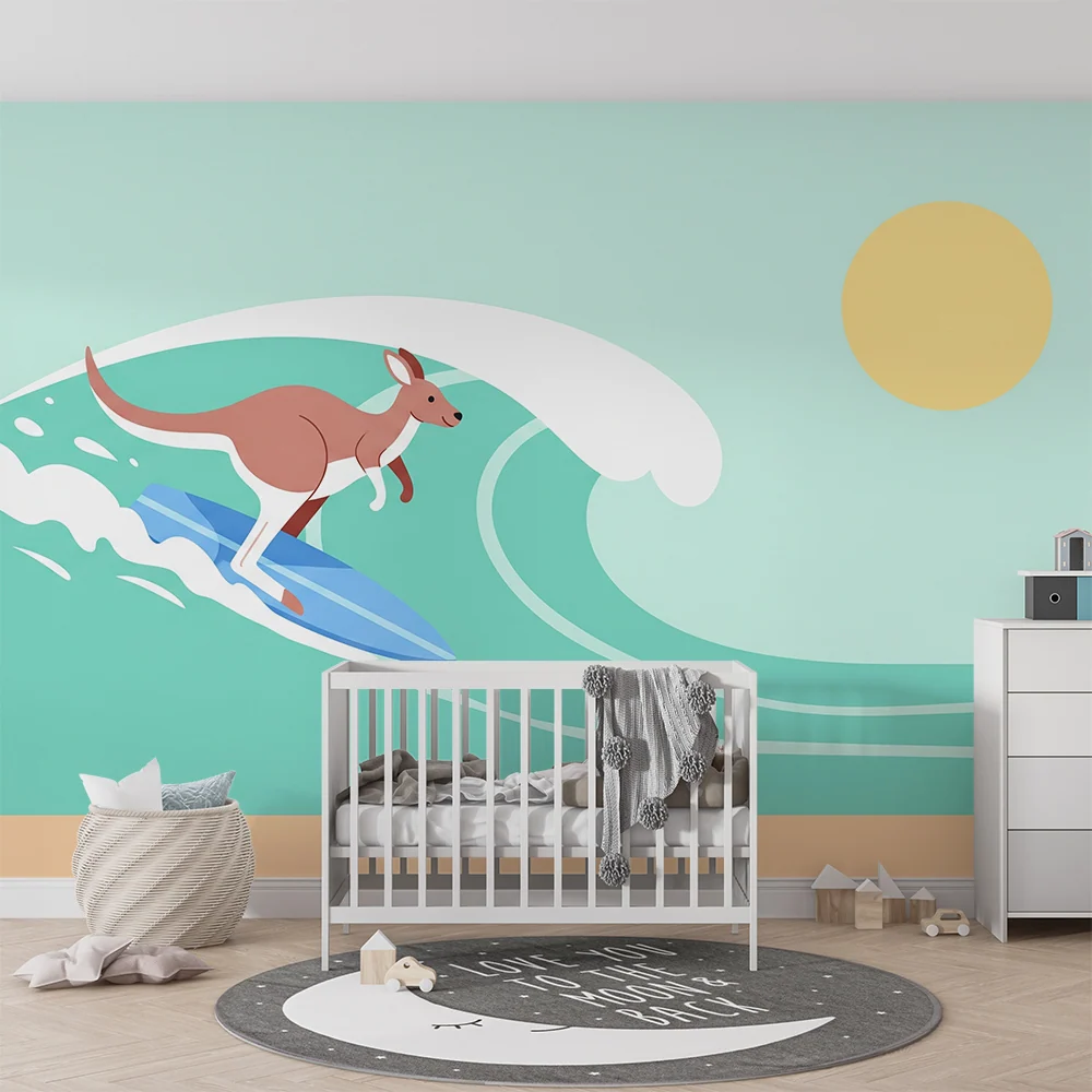 Papel de parede crianç | Canguru surfista nas ondas ensolaradas