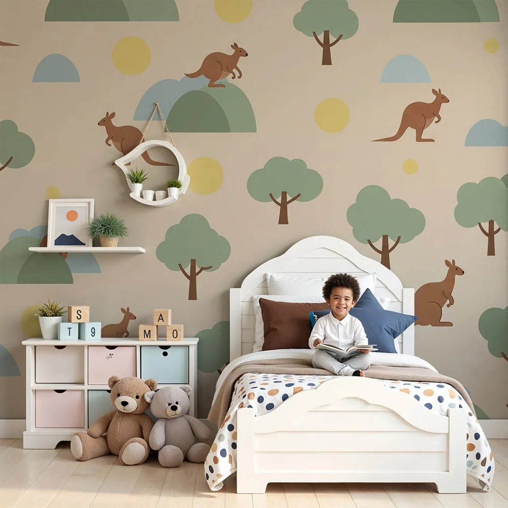 Papel de parede crianç | Cangurus felizes em uma paisagem suave e colorida