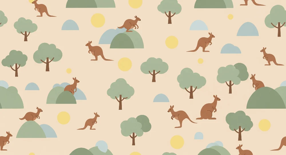 Papel de parede crianç | Cangurus felizes em uma paisagem suave e colorida