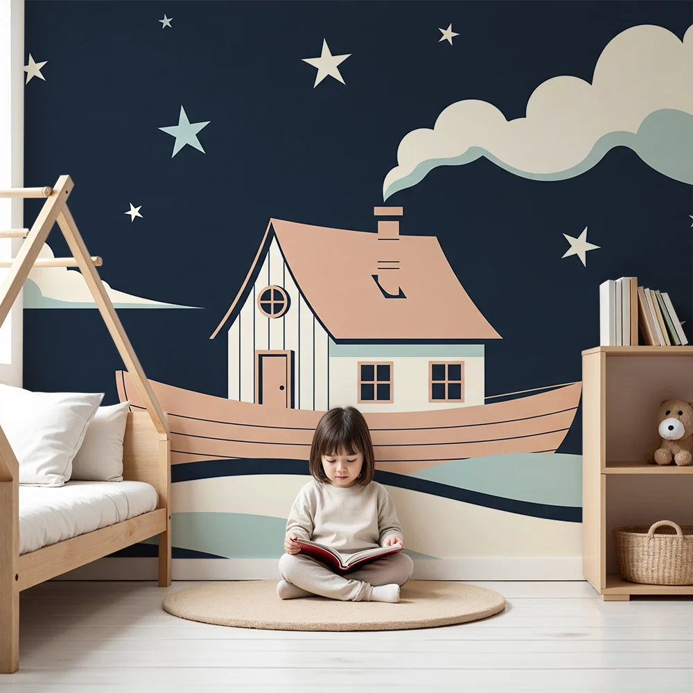 Papel de parede crianç | Casa flutuante sob as estrelas