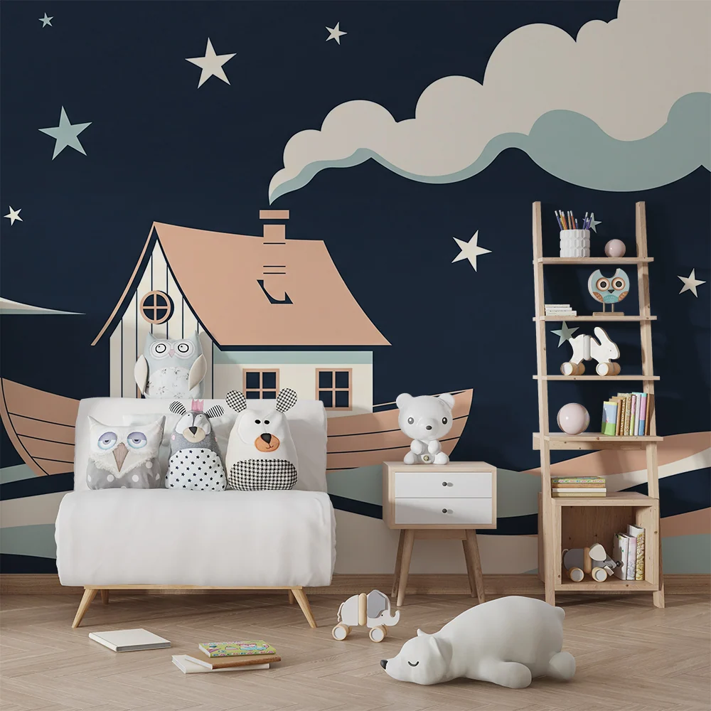 Papel de parede crianç | Casa flutuante sob as estrelas