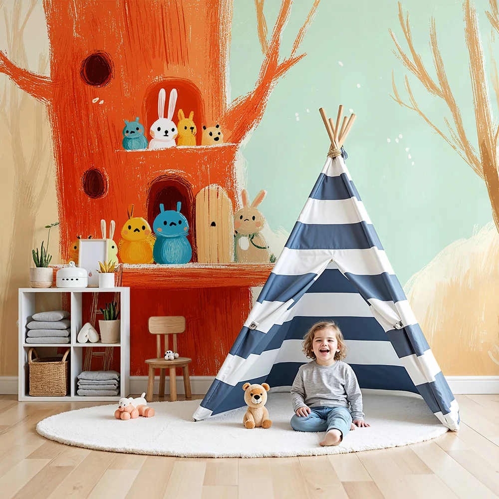 Papel de parede crianç | Casa na árvore com animais coloridos