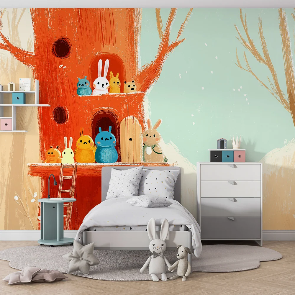 Papel de parede crianç | Casa na árvore com animais coloridos