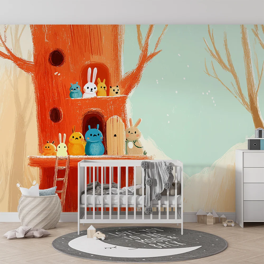 Papel de parede crianç | Casa na árvore com animais coloridos