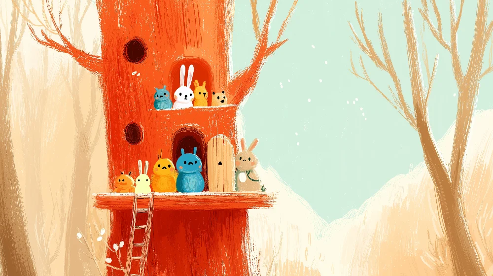 Papel de parede crianç | Casa na árvore com animais coloridos