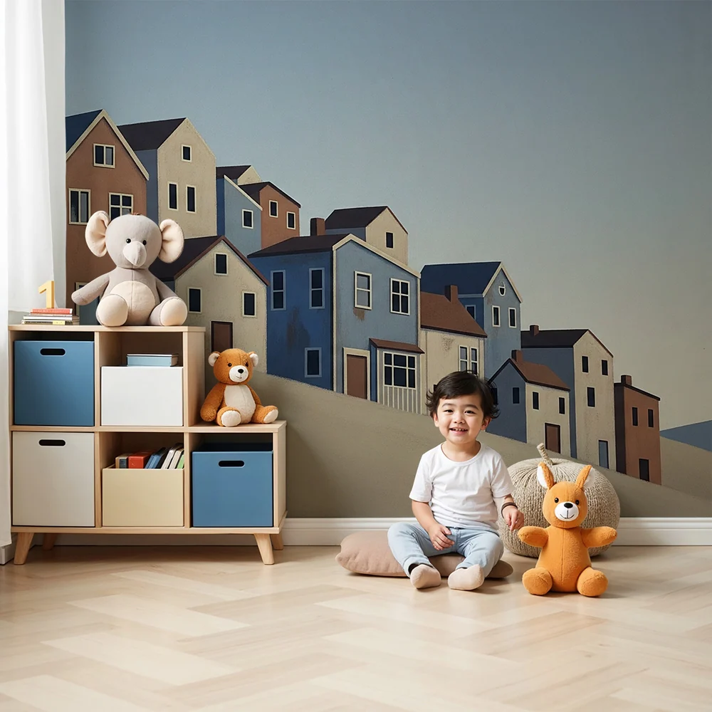 Papel de parede crianç | Casas coloridas numa colina suave